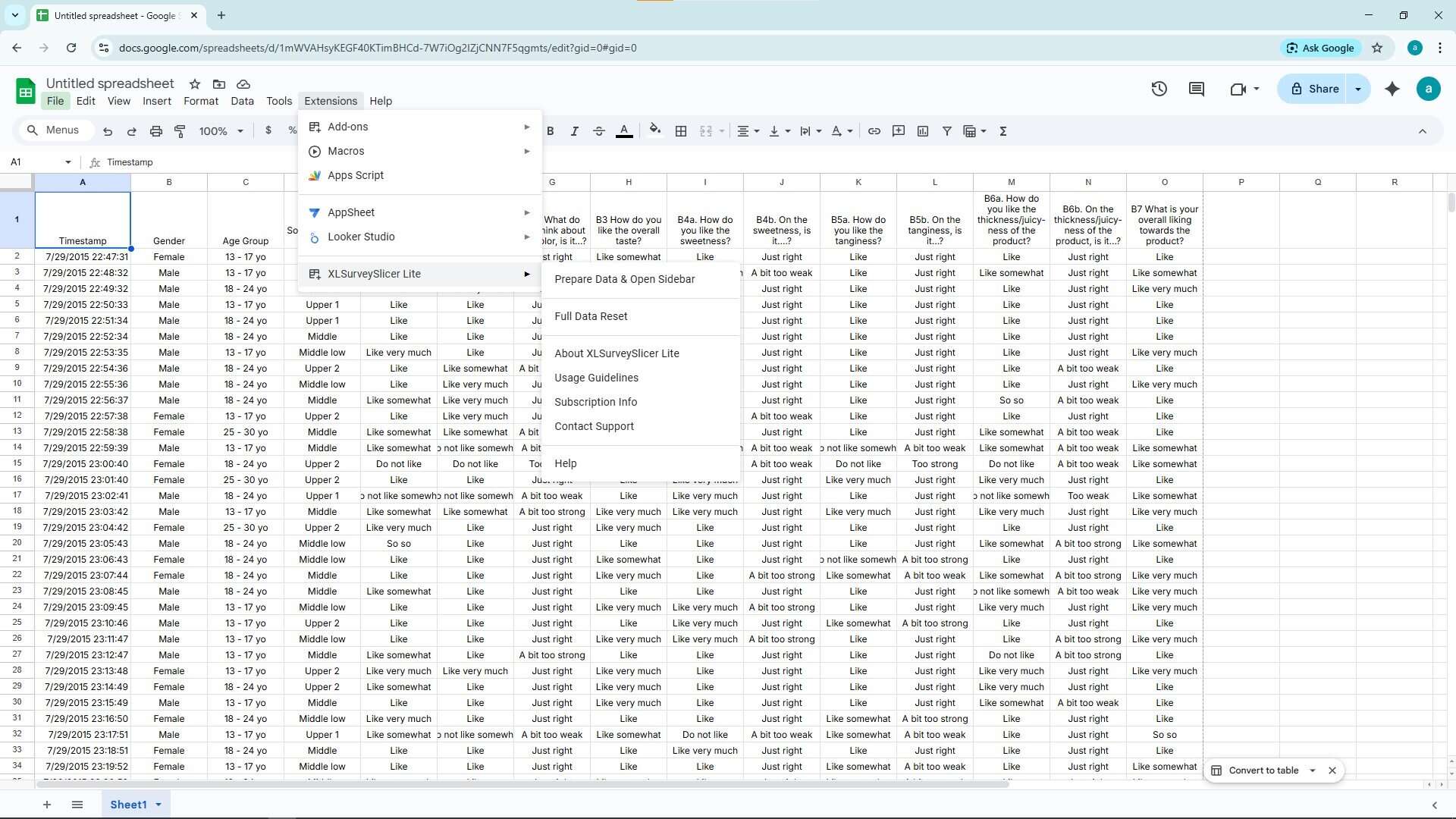 XLSurveySlicer Lite in Extensions menu